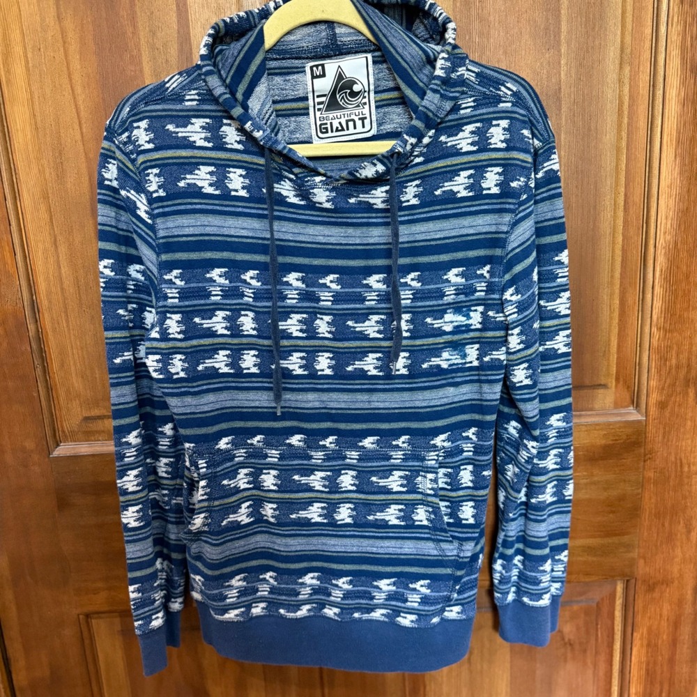Beautiful Giant Mens Blue Tribal Geometric Woven Knit Pullover Hoodie Size M